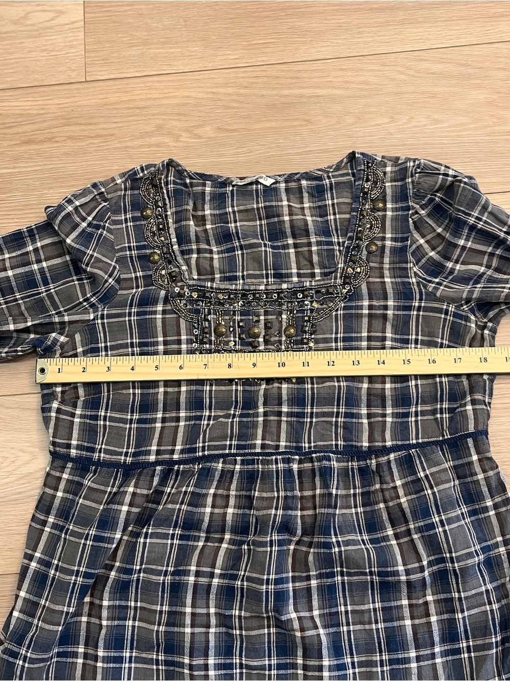 Y2K Blue Plaid Babydoll Top Beaded Embellished Boho Blouse Women L